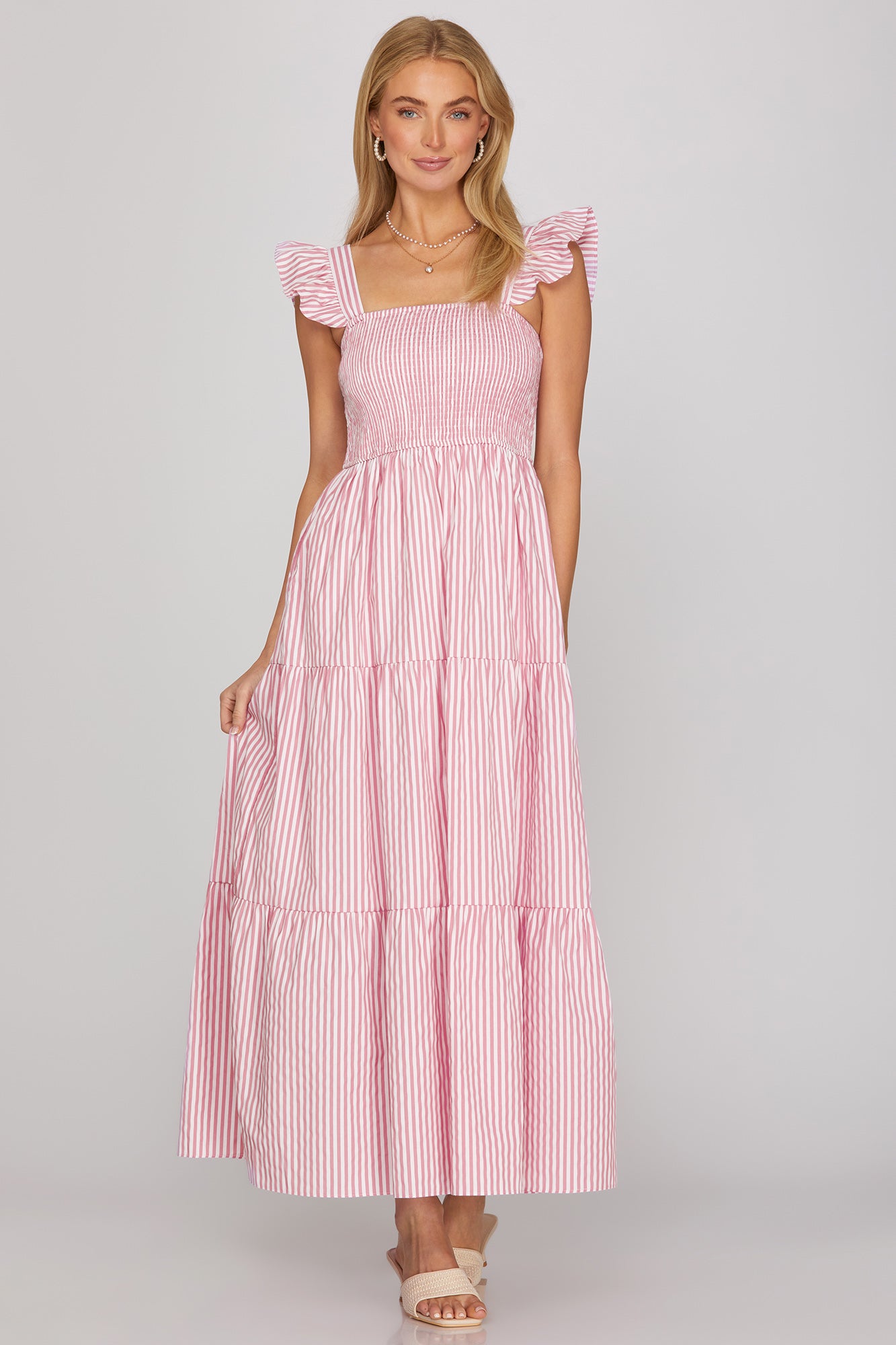 Ruffled Sleeve Square Neck Smocked Maxi