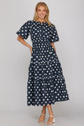 Navy Polka Dot Pintuck Midi Dress