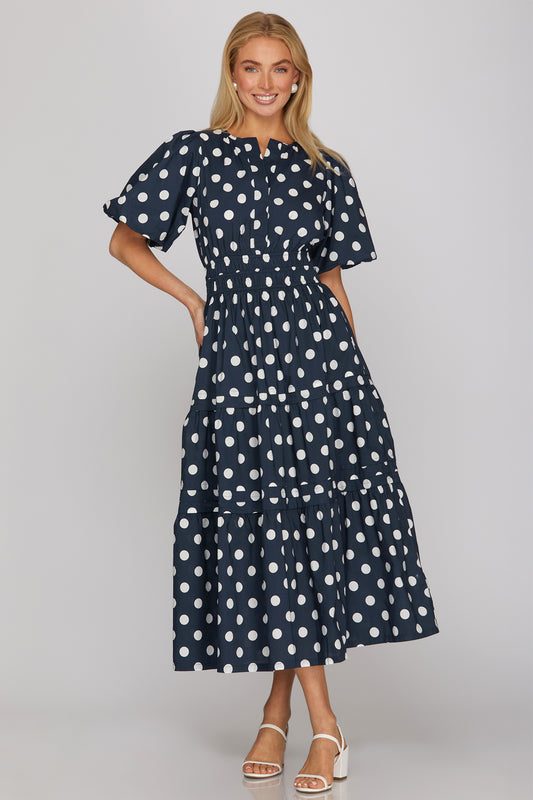 Navy Polka Dot Pintuck Midi Dress