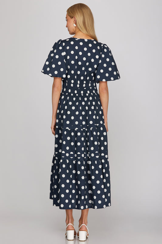 Navy Polka Dot Pintuck Midi Dress