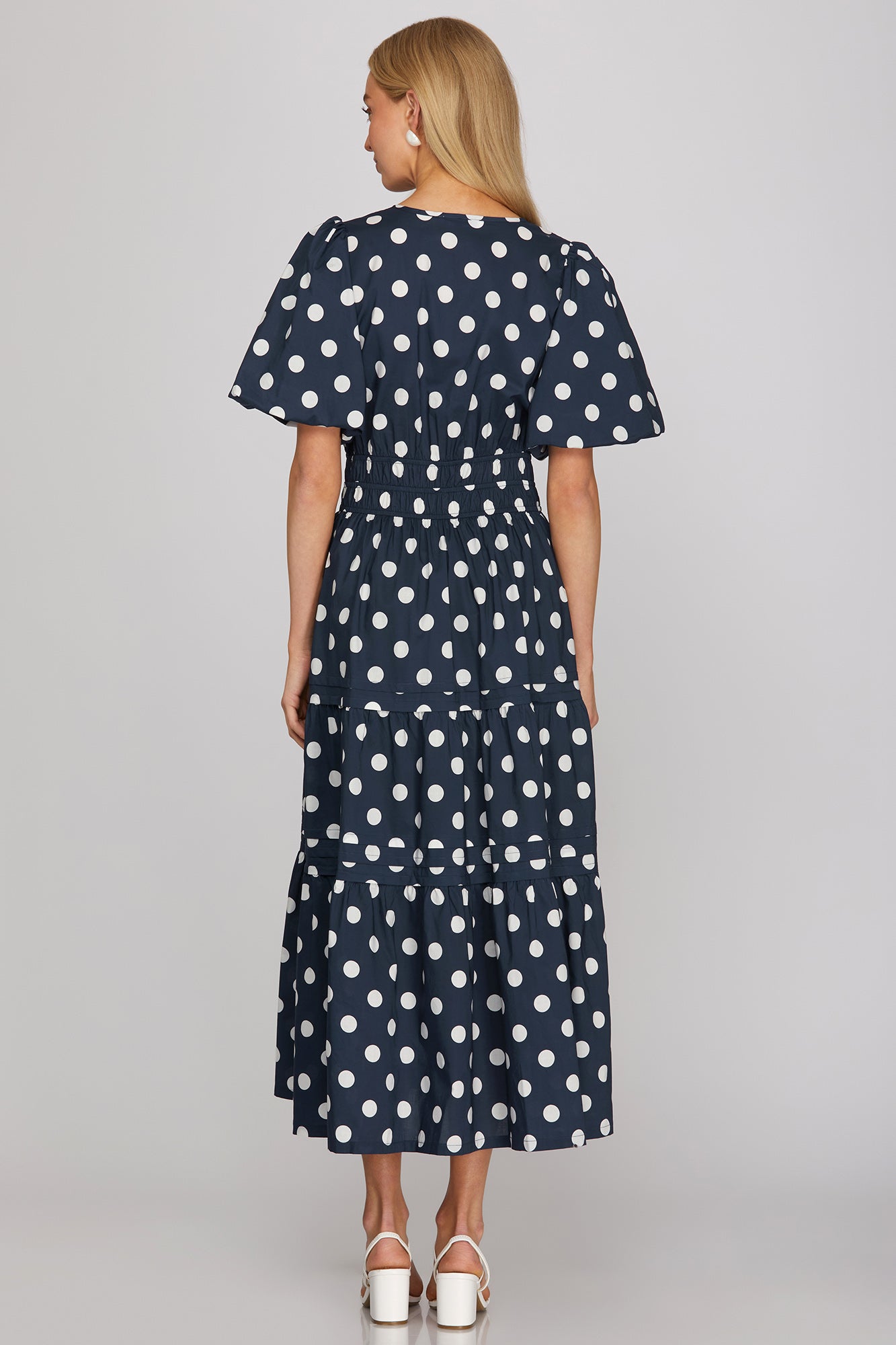 Navy Polka Dot Pintuck Midi Dress