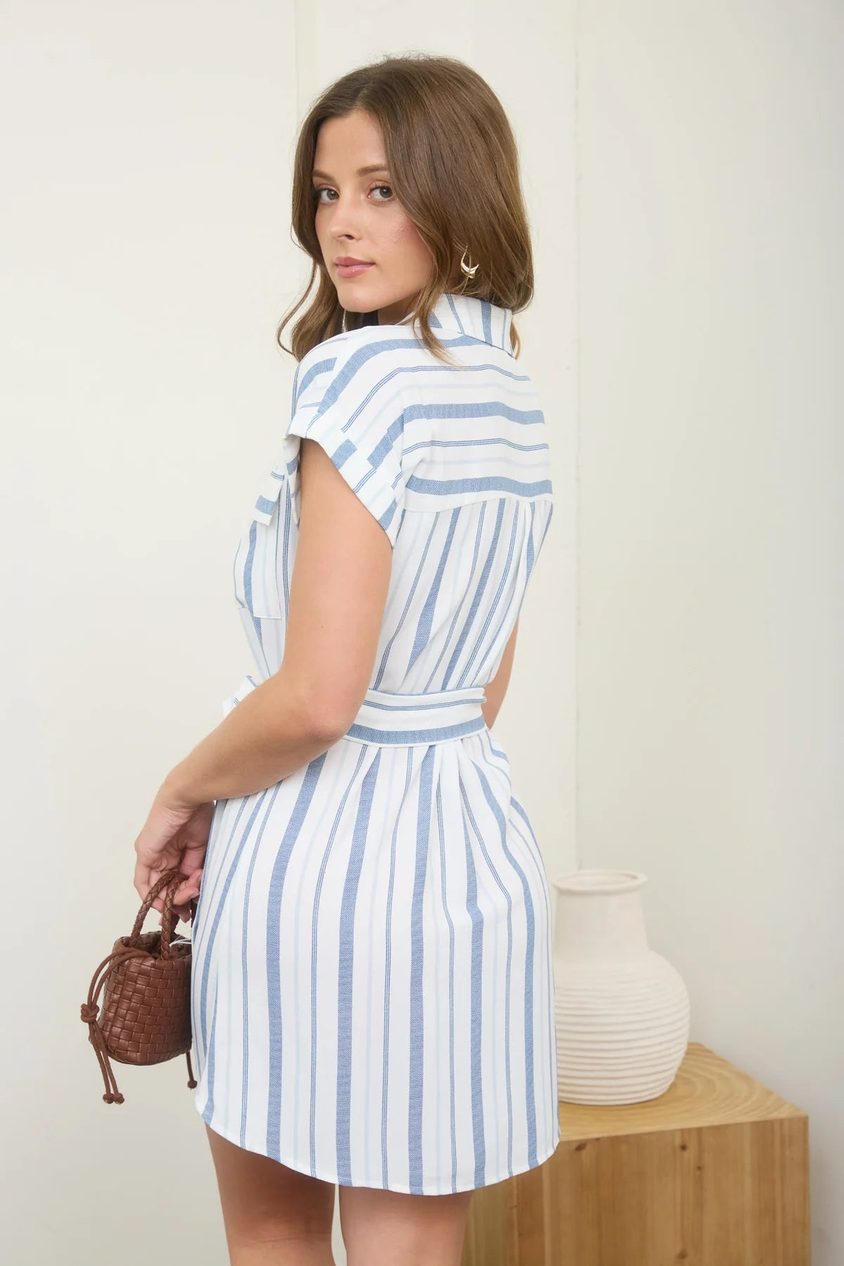 Stripe Collard Short Sleeve Belted Mini Dress