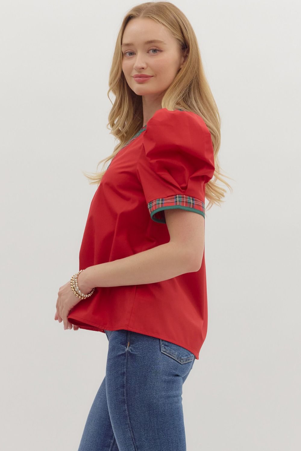 Red Solid Top with Plaid VNeck Band image 3