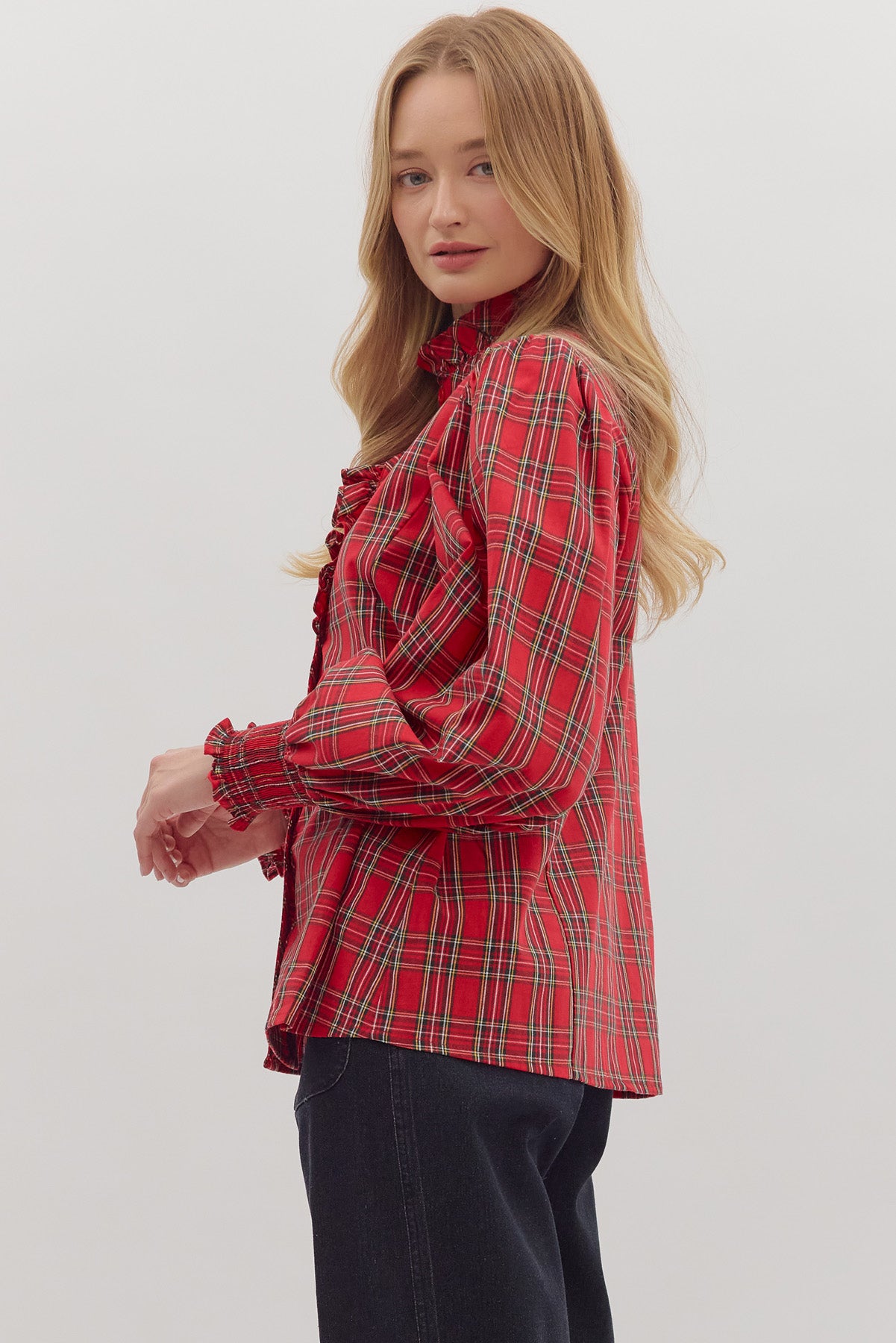 RED PLAID MOCK NECK LONG SLEEVE TOP image 2