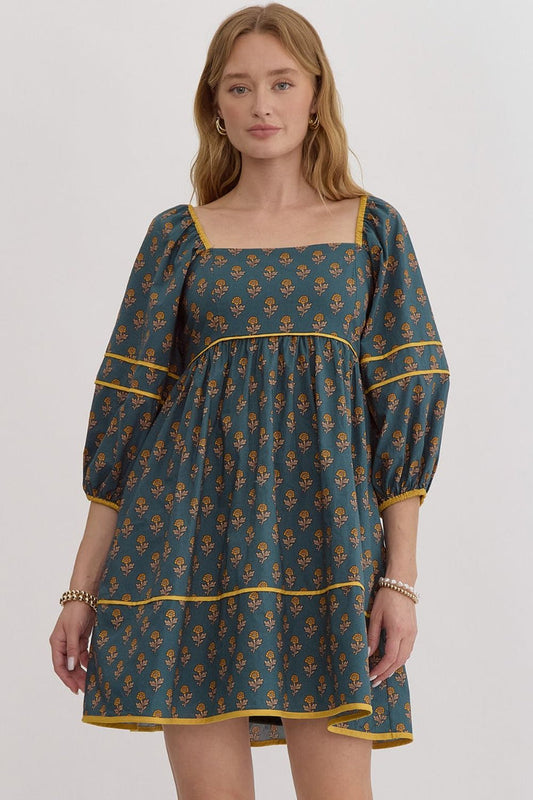 Hunter green floral baby doll dress image 1