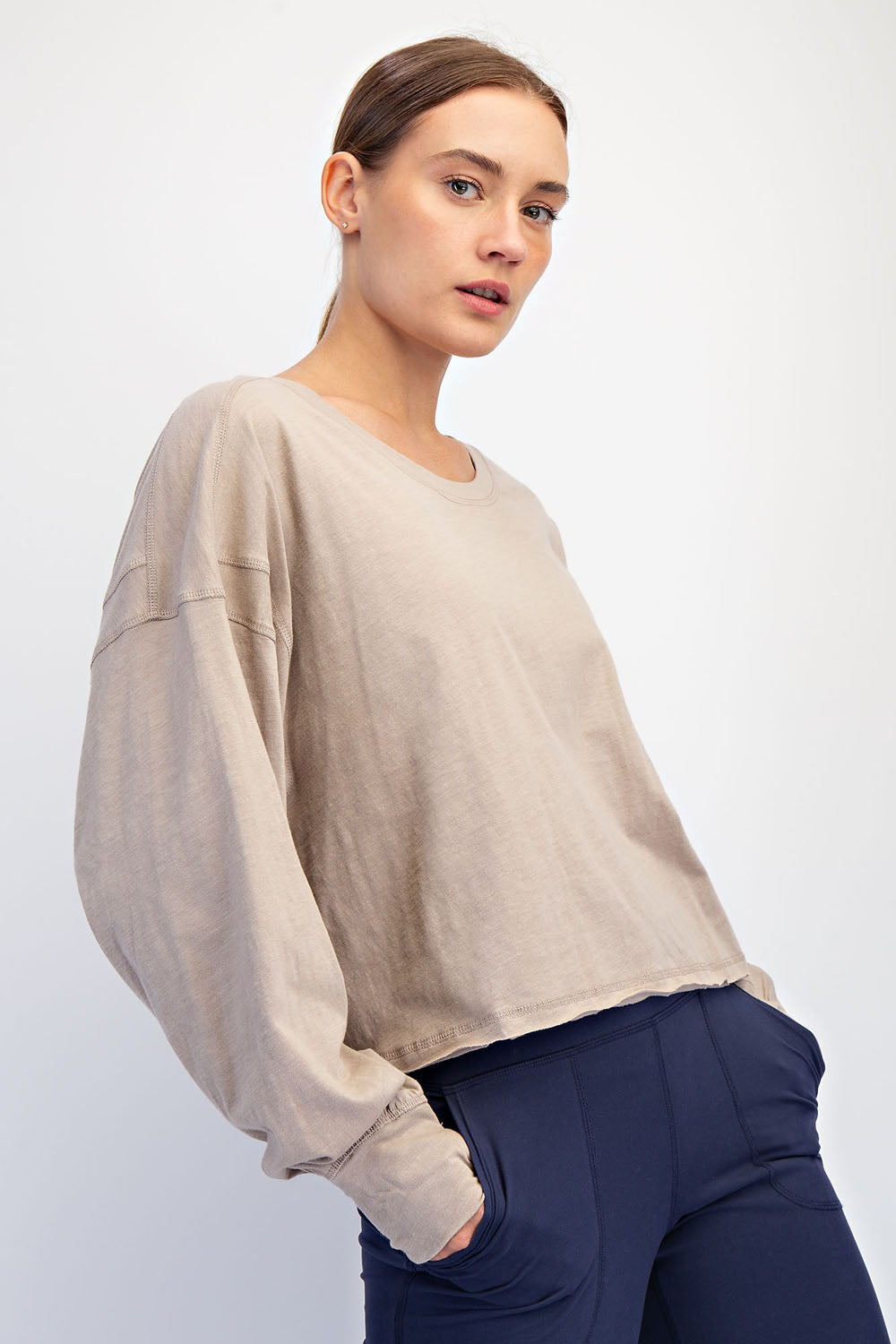 Cotton Slub Open Back Long Sleeve Top image 3