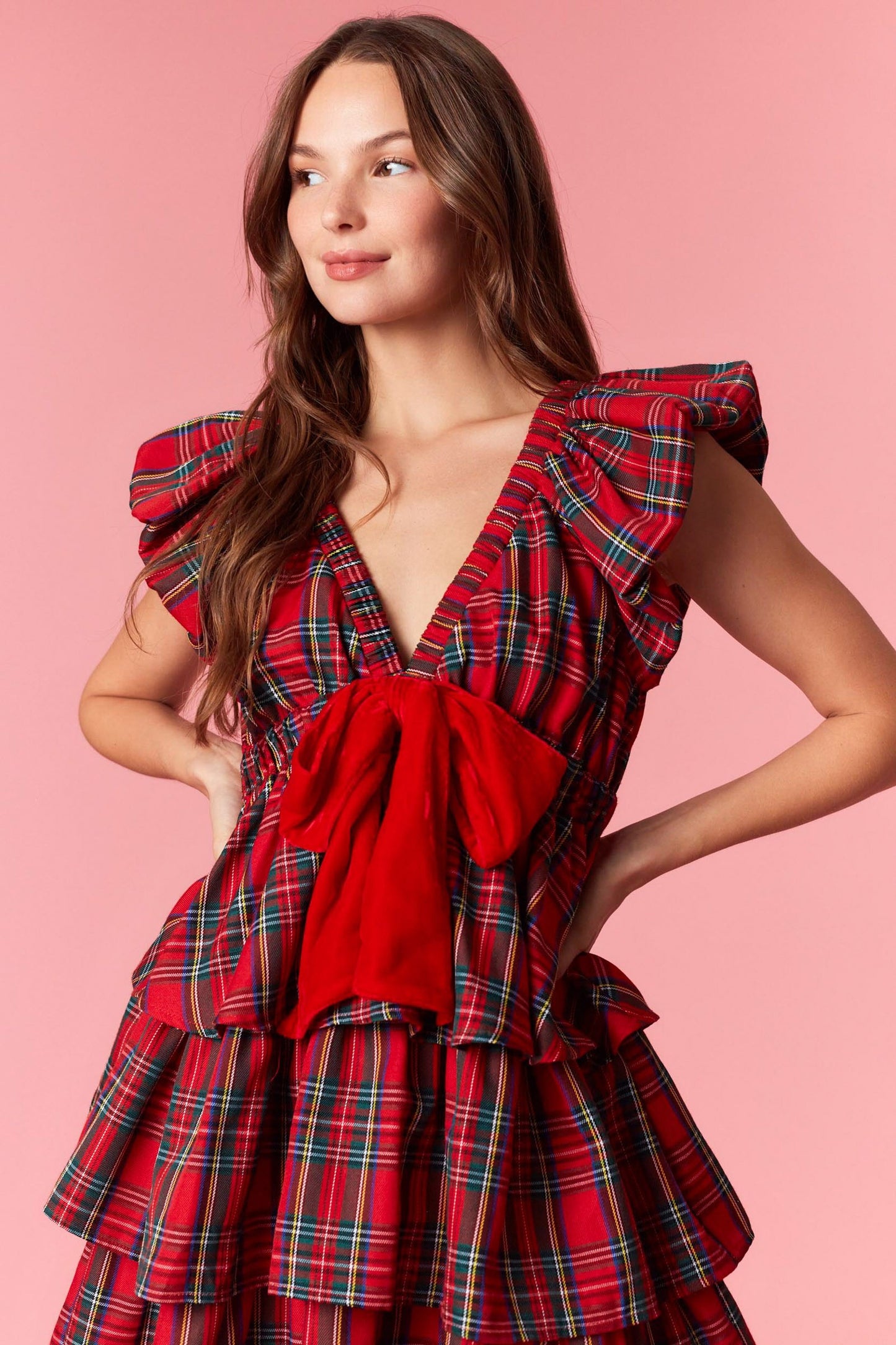 Christmas Plaid Mini Dress with Velvet Bow image 3
