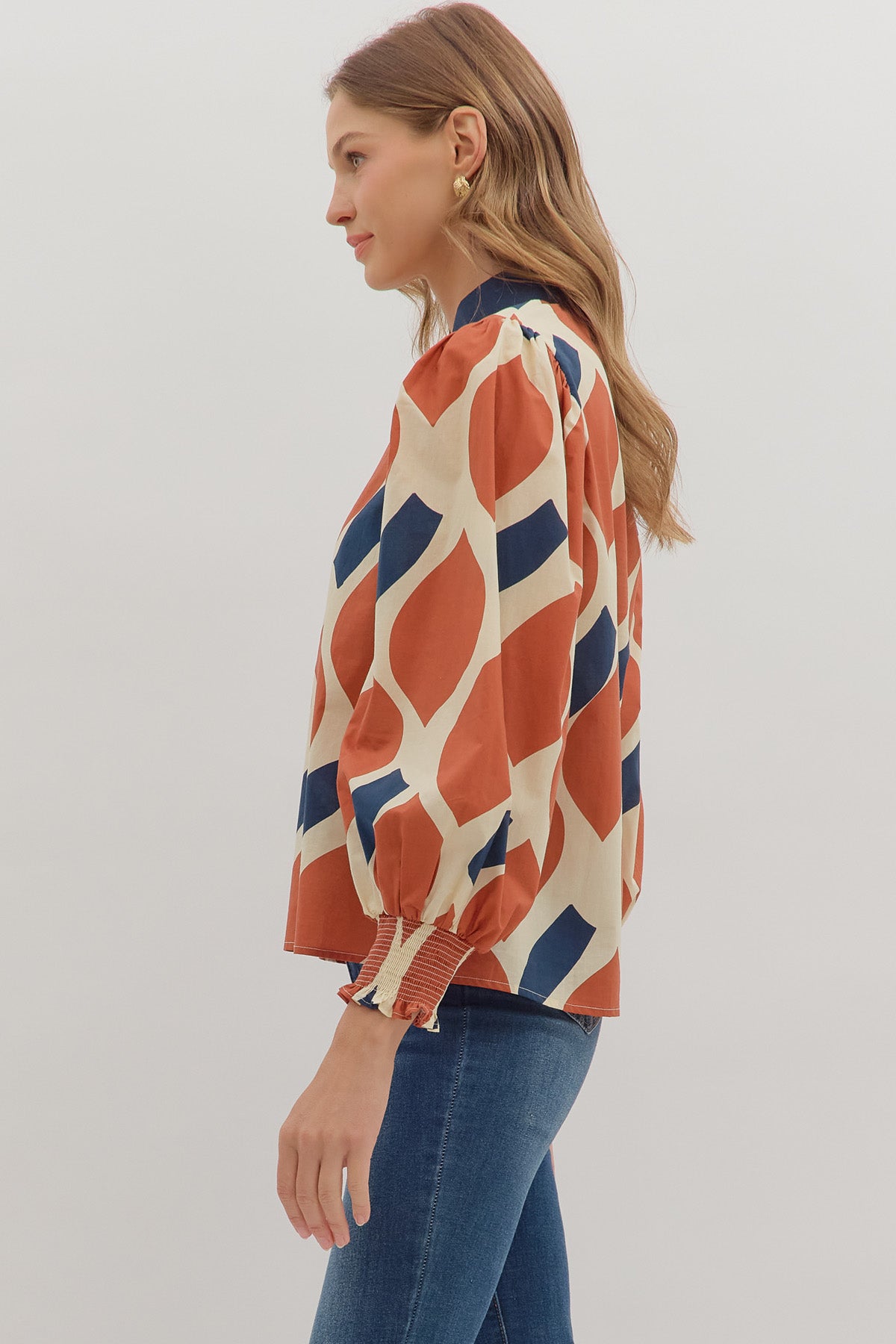 Rust/Navy LS abstract print top image 4