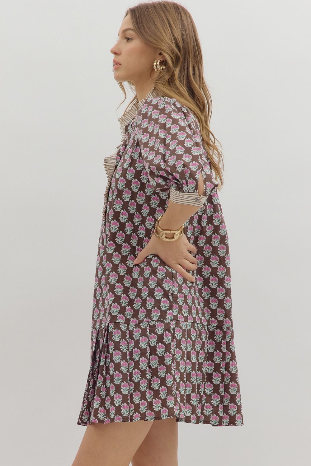 Brown & Pink 3/4 Sleeve Floral Mini Dress image 4