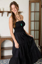 STRAPLESS MIXED MEDIA LINE LACE DETAIL MIDI DRESS