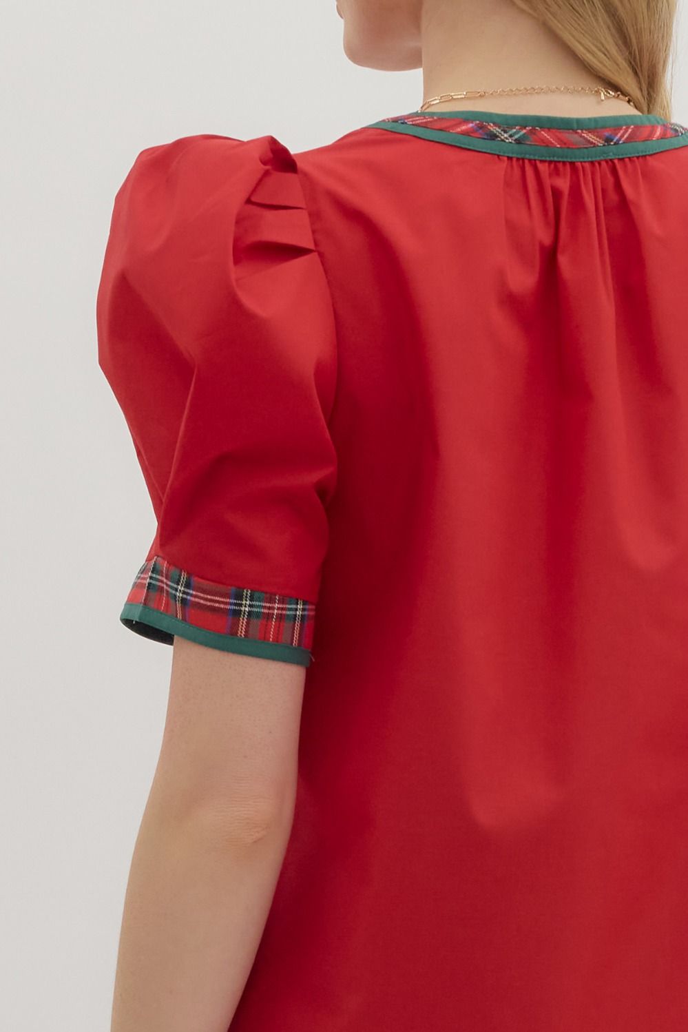 Red Solid Top with Plaid VNeck Band image 6