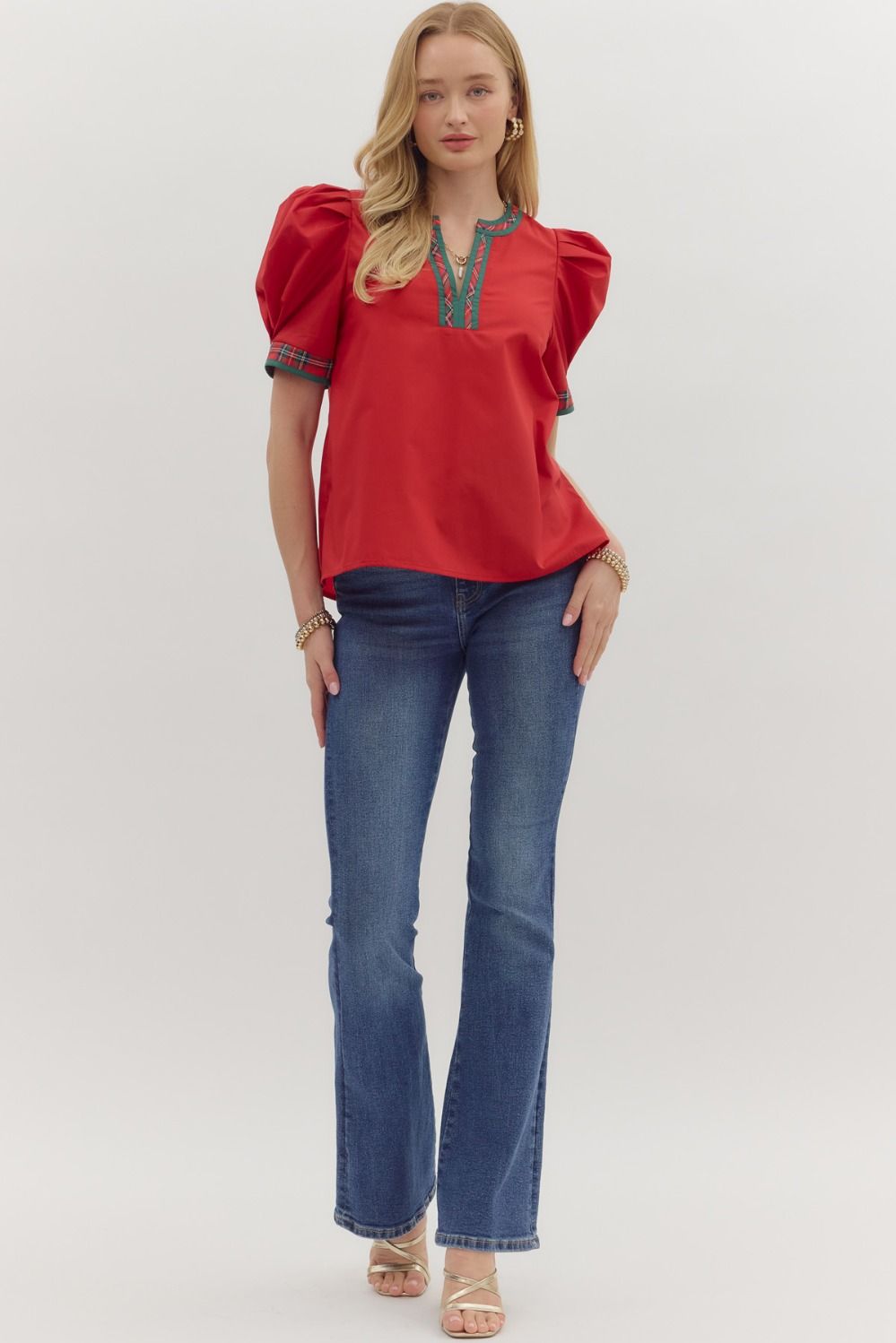 Red Solid Top with Plaid VNeck Band image 1