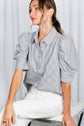 Stripe Print Collared Neck Short Puff Sleeve Blouse