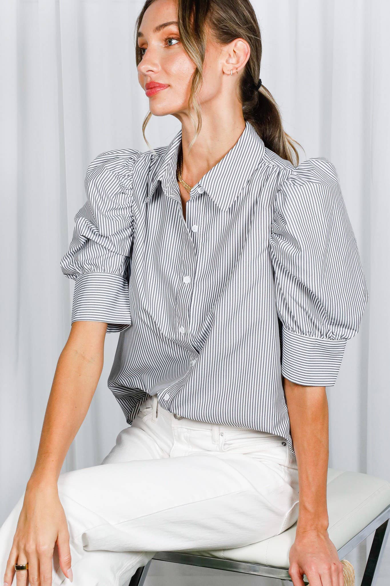 Stripe Print Collared Neck Short Puff Sleeve Blouse