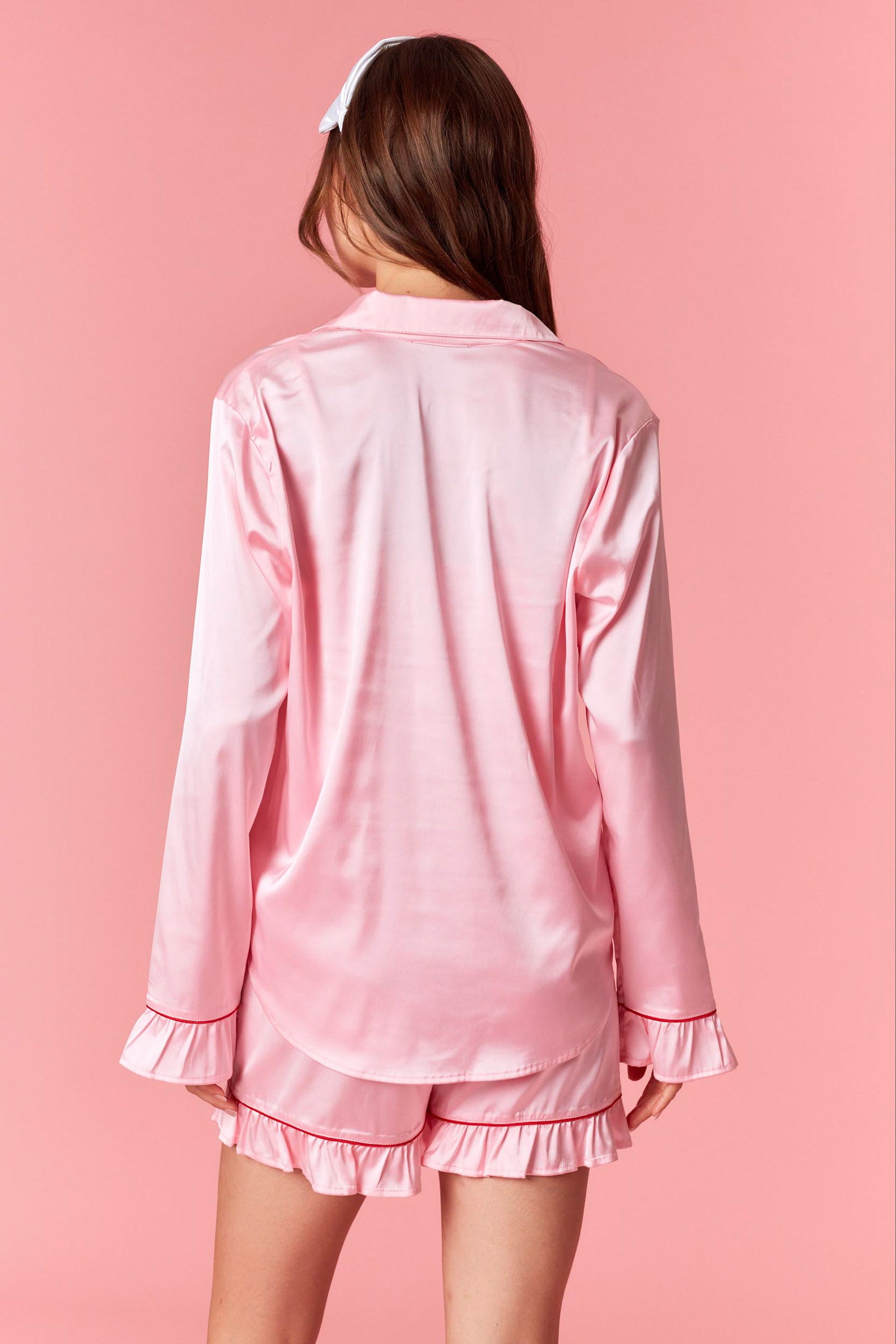 Pink Satin PJ Set with Bow on Pocket image 1