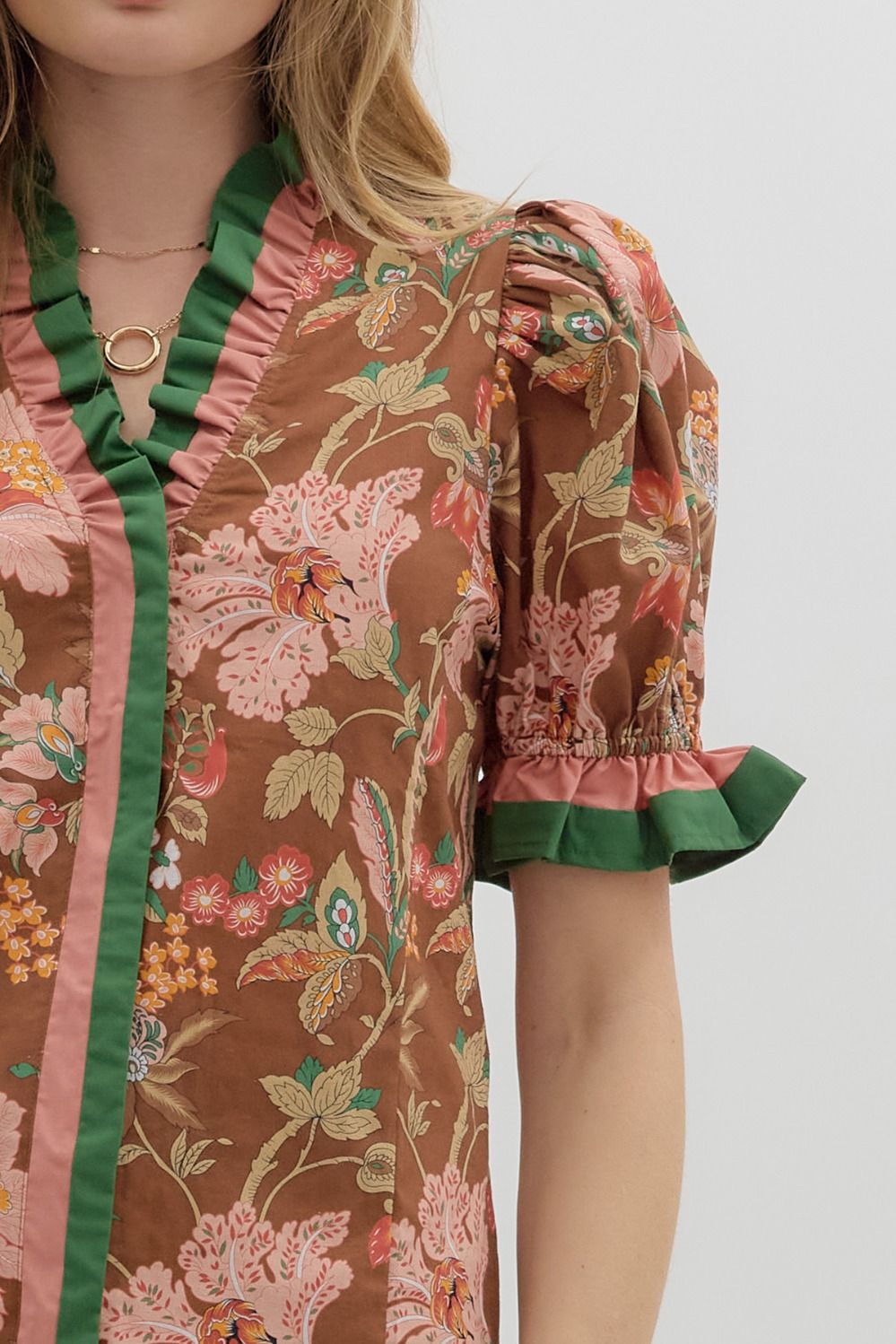 Brown& Pink Floral Ruffle Band Top image 2