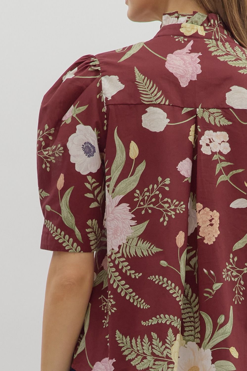 Merlot Floral Ruffled Neck Top image 4