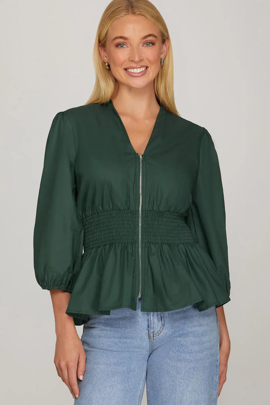 GREEN 3/4 SLEEVE SMOCKED WAIST FRONT ZIP TOP image 0