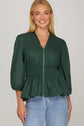GREEN 3/4 SLEEVE SMOCKED WAIST FRONT ZIP TOP image 0