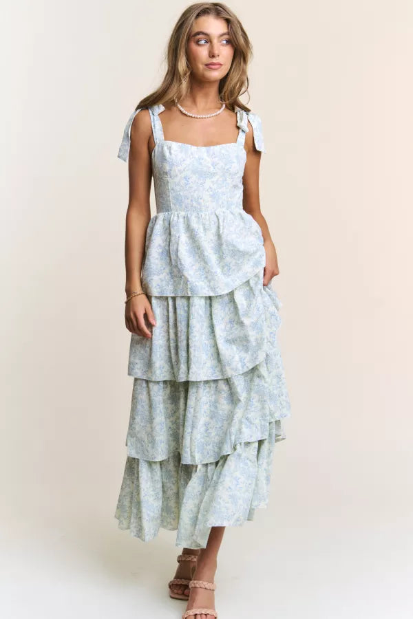Blue Floral Tiered Midi Dress with Tie Straps