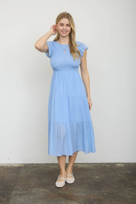 TIERED SMOCKED SHORT SLEEVE MIDI DRESS