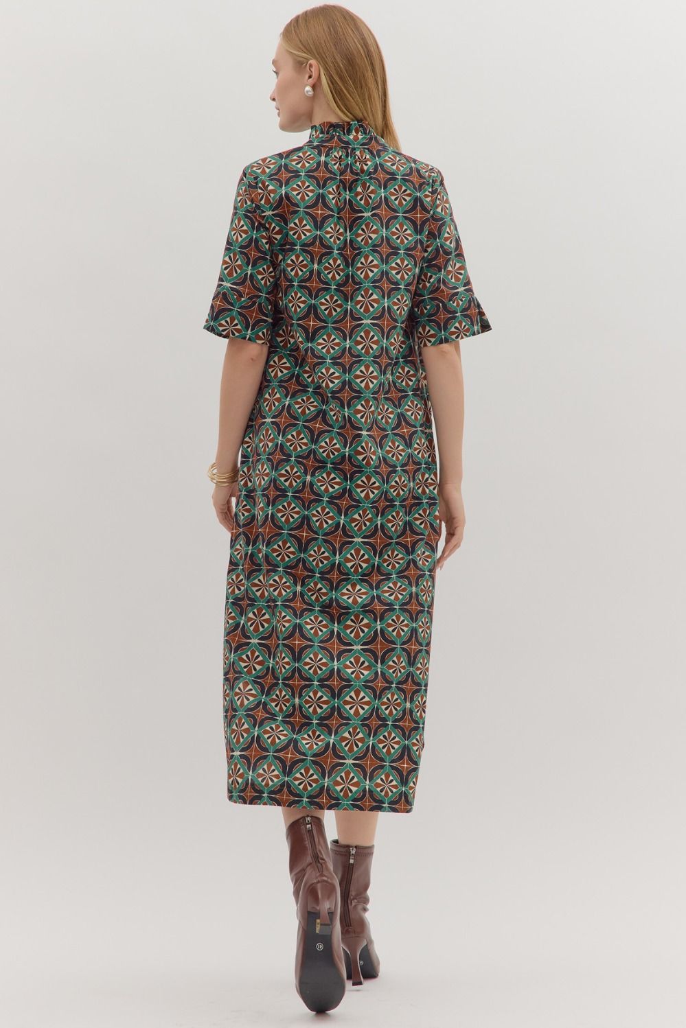 Brown/Teal Geometric Print SS Midi image 5