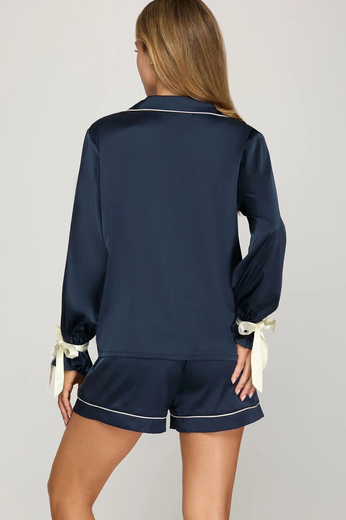 NAVY LONG SLEEVE TOP AND SHORTS PAJAMA SET WITH SLEEVE TIES image 5