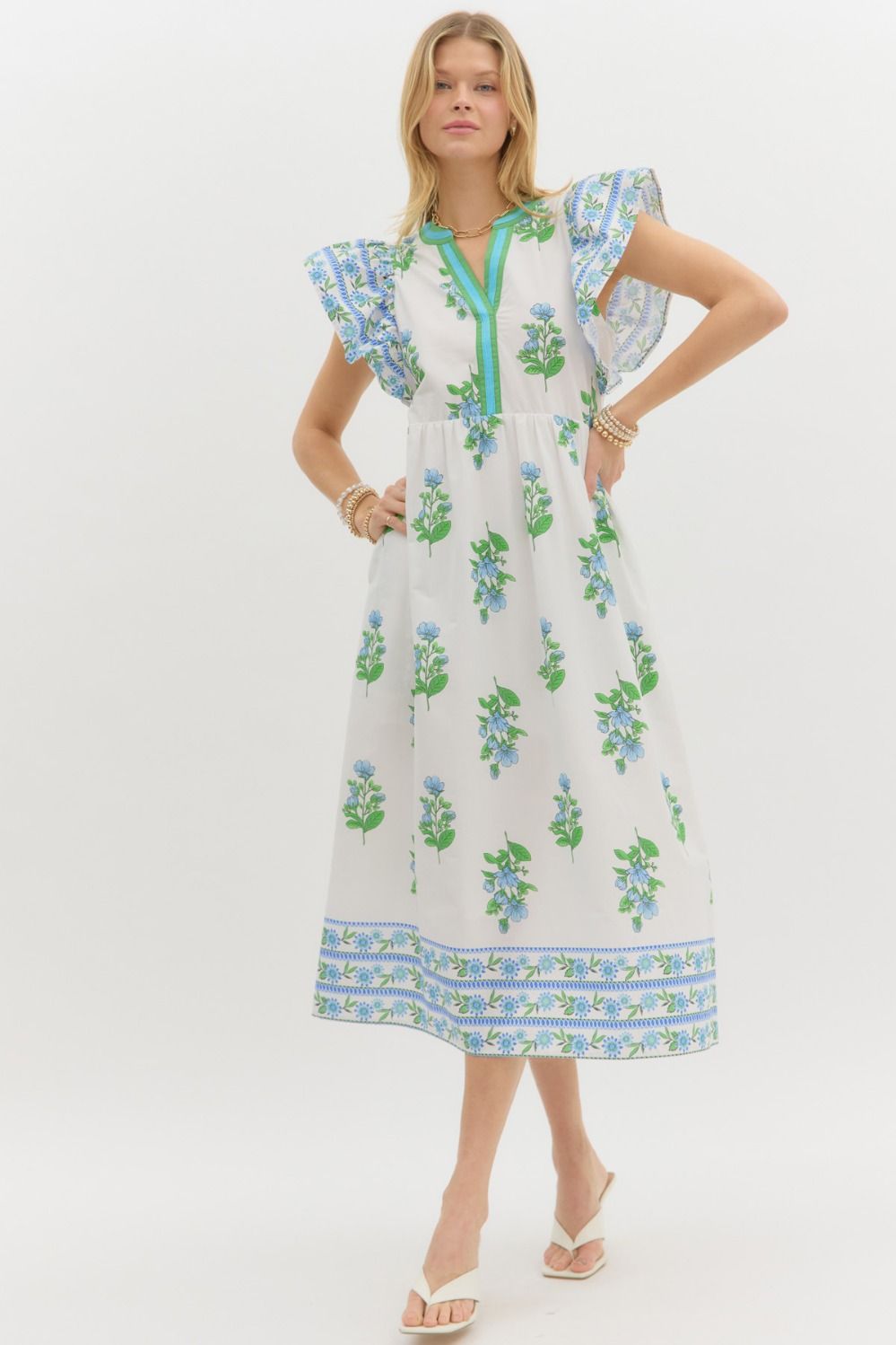 White with Blue & Green Neck Midi Dress image 0