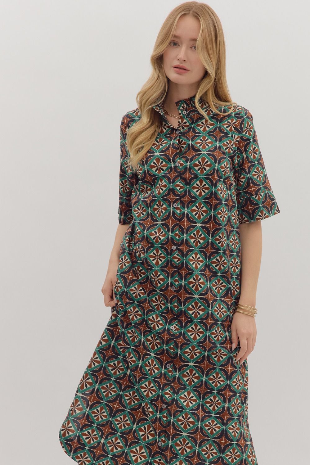Brown/Teal Geometric Print SS Midi image 3