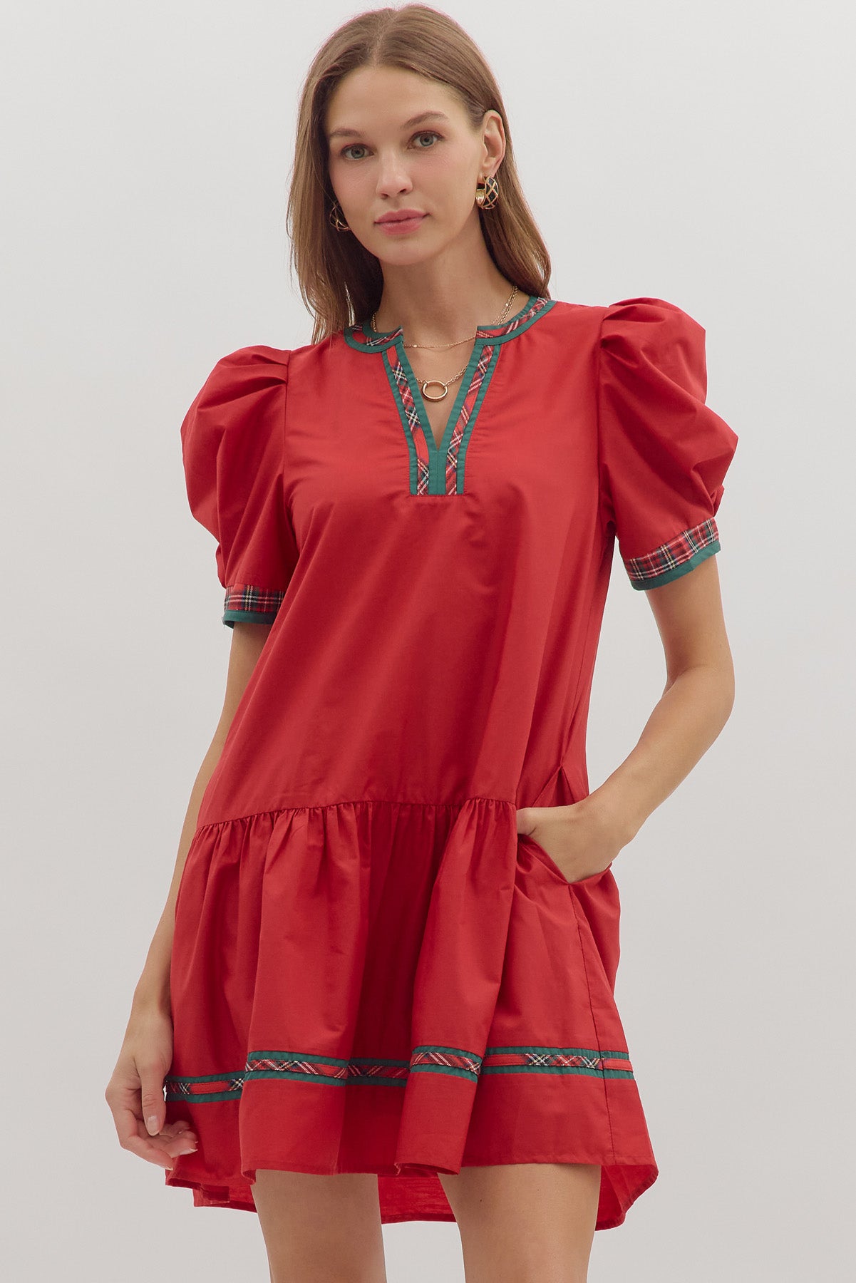 Red Mini with Plaid Vneck Trip image 0