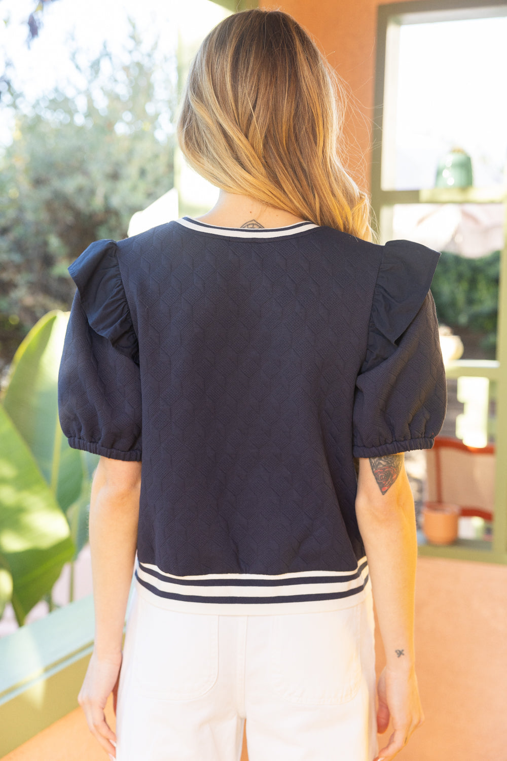Navy Striped Band Detailed Short Sleeve Textured Top image 1