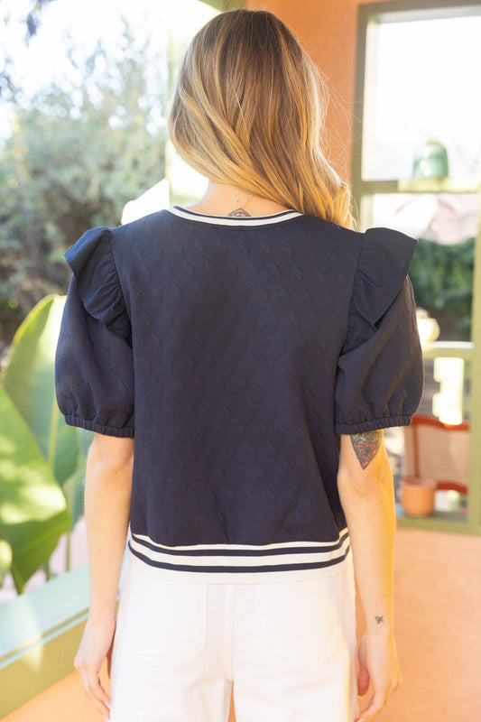Navy Striped Band Detailed Short Sleeve Textured Top image 1