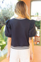 Navy Striped Band Detailed Short Sleeve Textured Top image 1