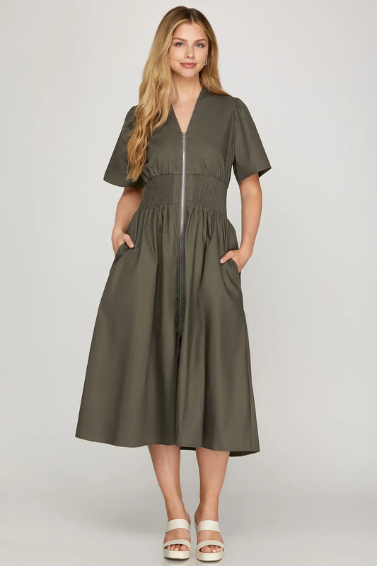 OLIVE SHORT SLEEVE SMOCKED WAIST FRONT ZIP MIDI DRESS image 0