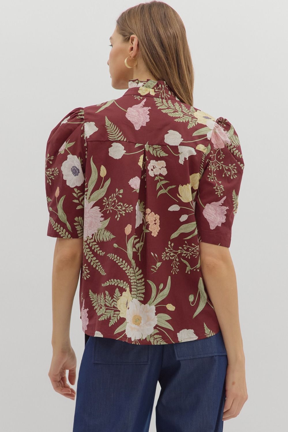 Merlot Floral Ruffled Neck Top image 5