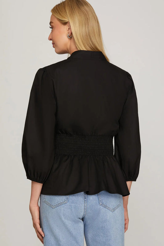 BLACK 3/4 SLEEVE SMOCKED WAIST FRONT ZIP TOP image 1