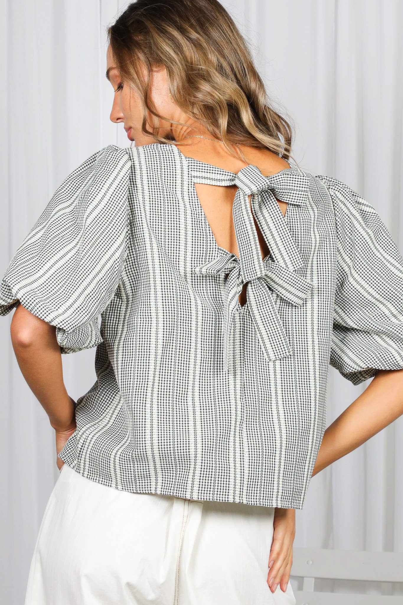 Bow V Back Plaid Blouse Top