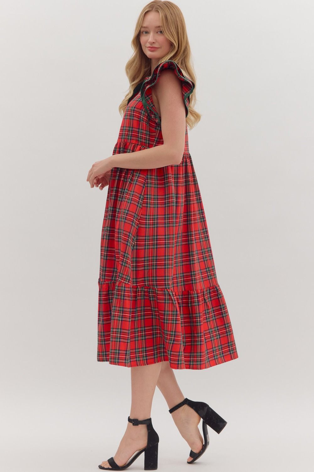 Red Plaid Flutter Sleeve Midi image 3