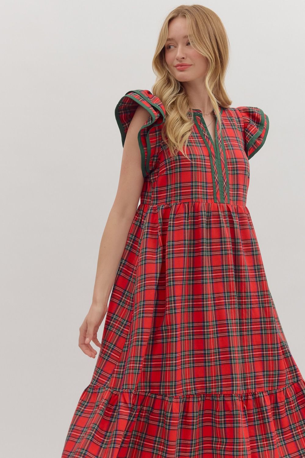 Red Plaid Flutter Sleeve Midi image 1