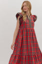 Red Plaid Flutter Sleeve Midi image 1
