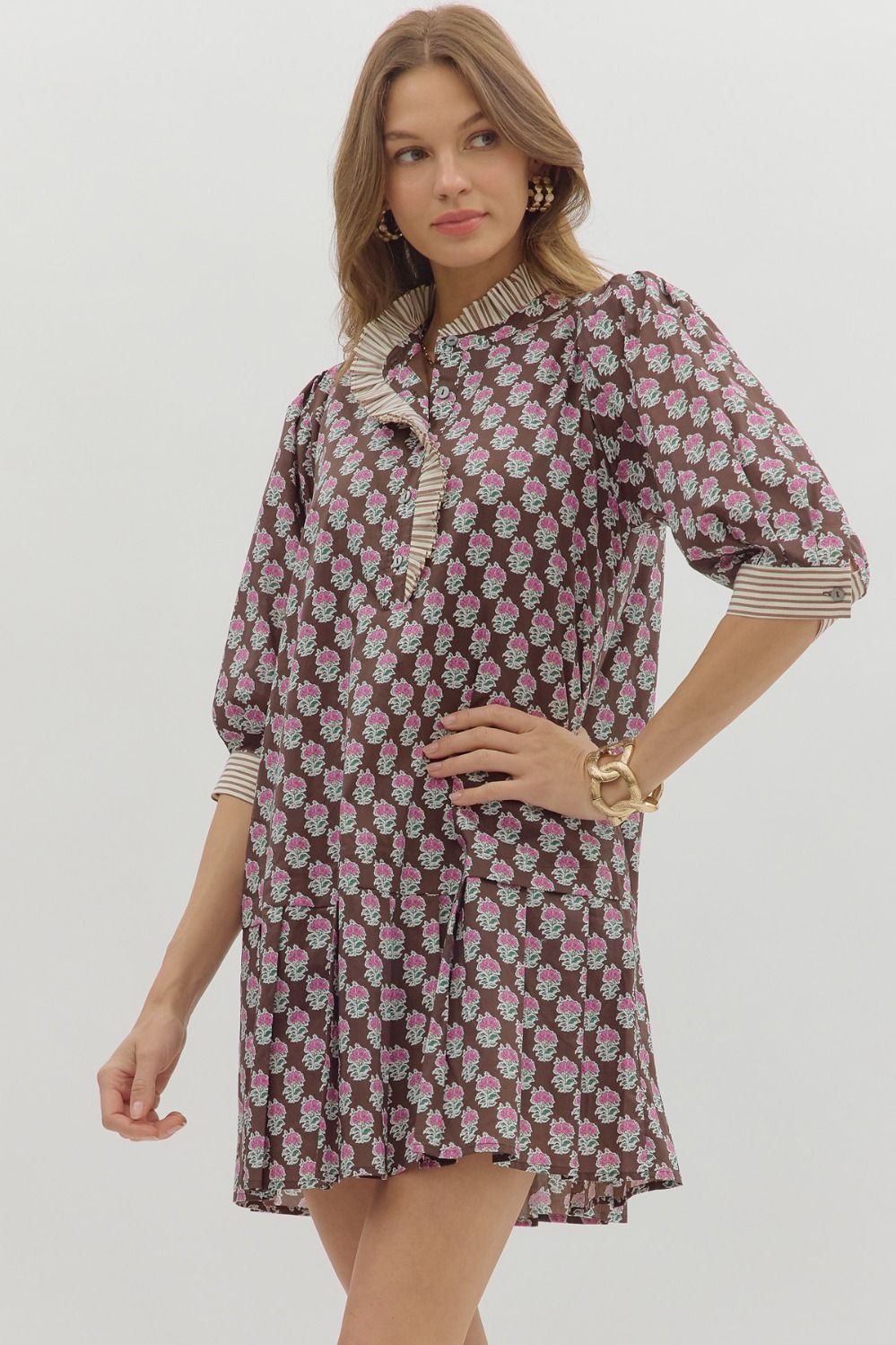 Brown & Pink 3/4 Sleeve Floral Mini Dress image 3
