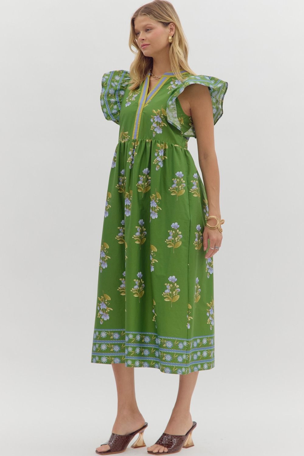 Green Flutter Sleeve Floral Midi image 2