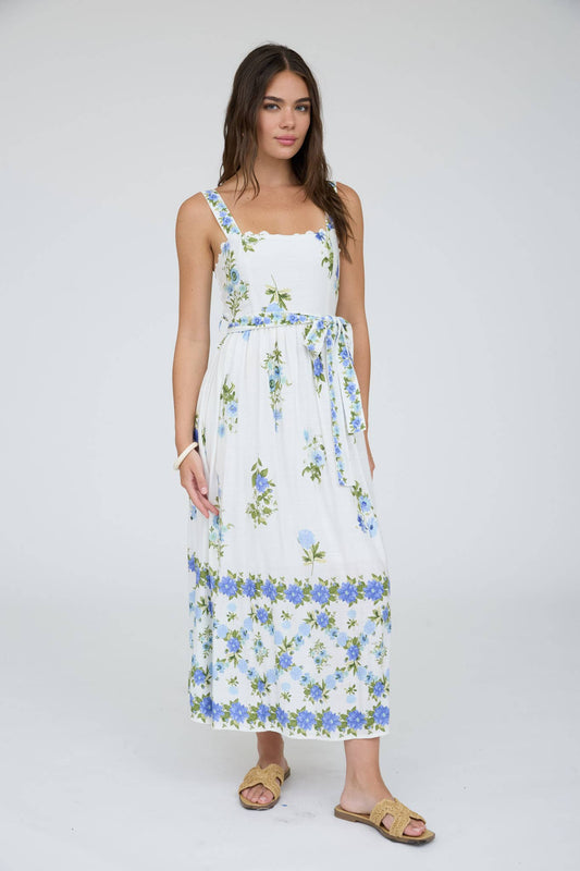 FLORAL BORDER PATTERN BELT STRAP MIDI DRESS