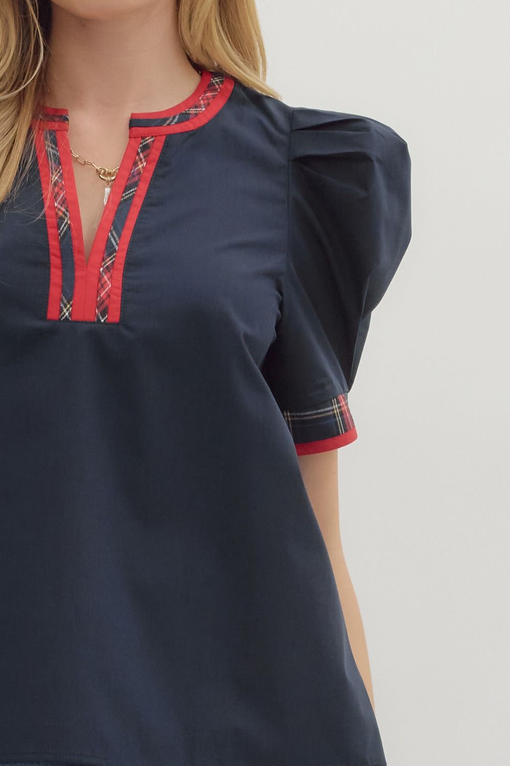 Navy Solid Top with Plaid VNeck Band image 3