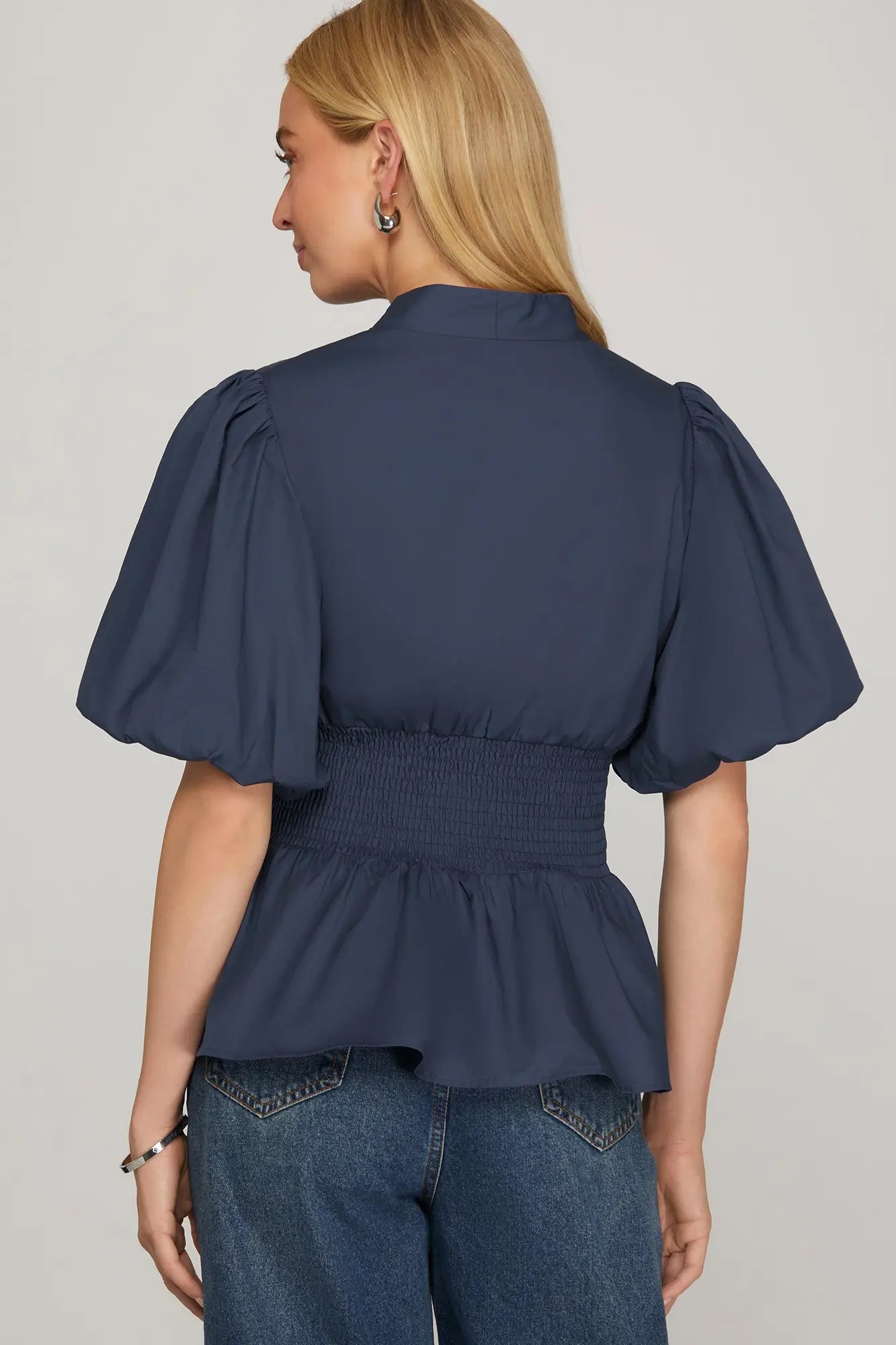 NAVY PUFF SLEEVE SMOCKING FRONT ZIPPER WOVEN TOP WITH ELASTIC WAISTBAND image 1