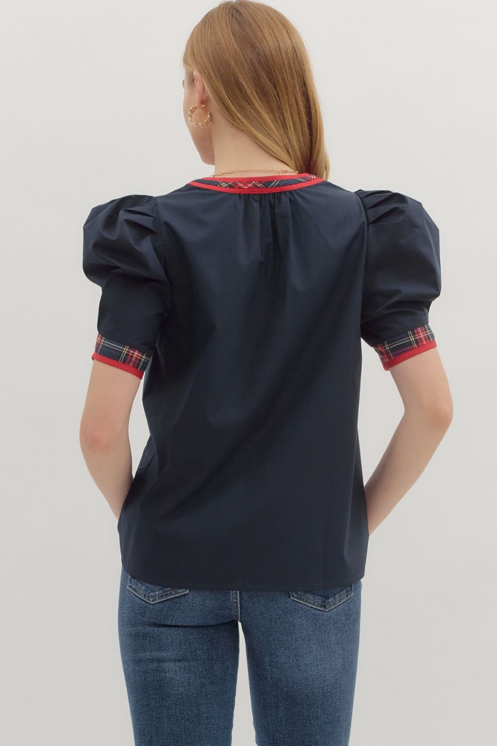 Navy Solid Top with Plaid VNeck Band image 5