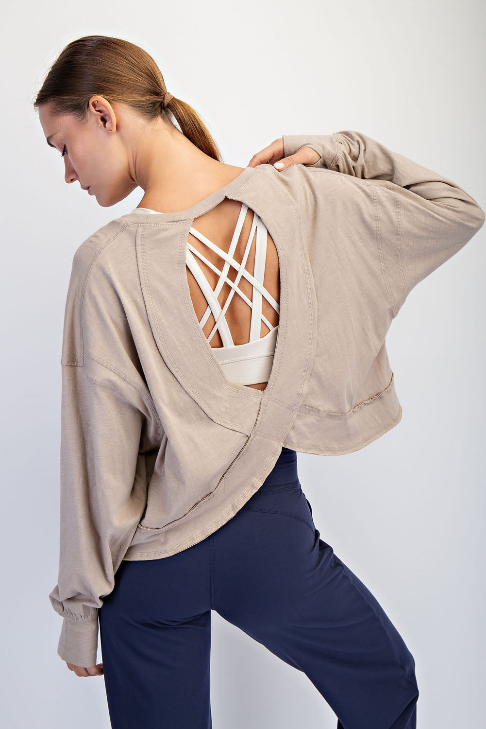 Cotton Slub Open Back Long Sleeve Top image 4