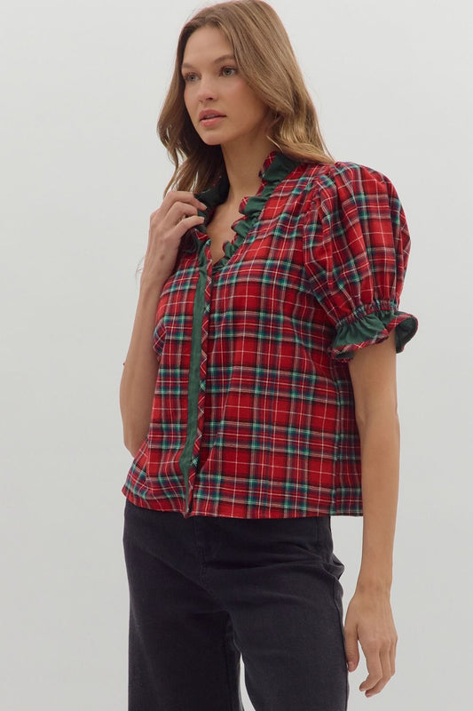 Red Plaid Puff Sleeve Christmas Top image 0