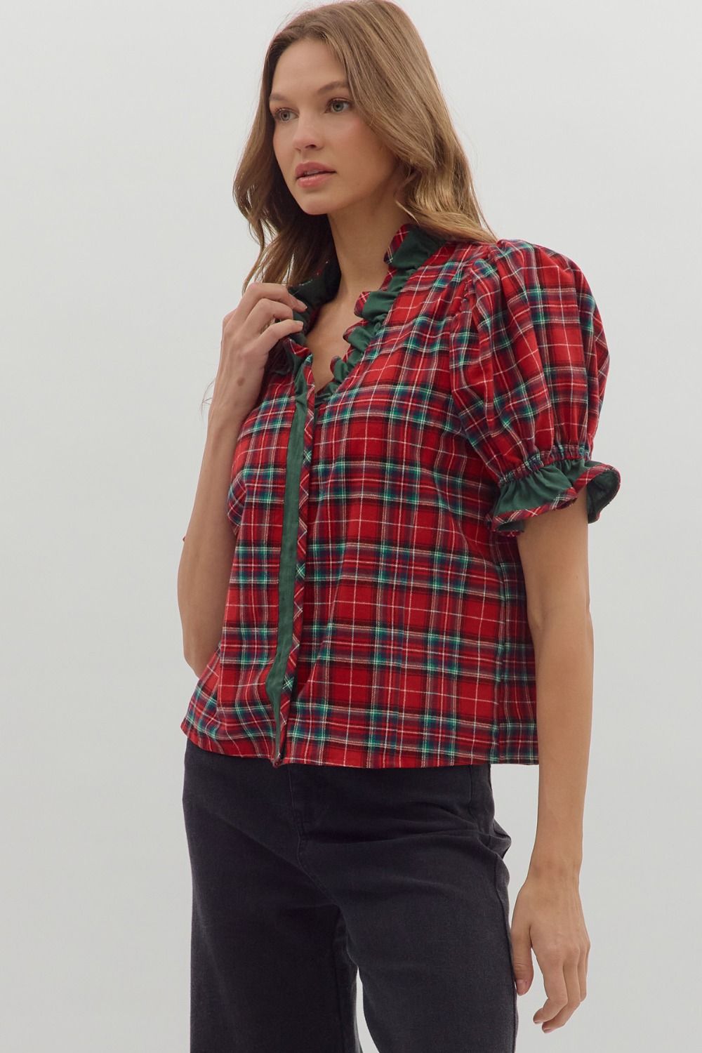 Red Plaid Puff Sleeve Christmas Top image 0