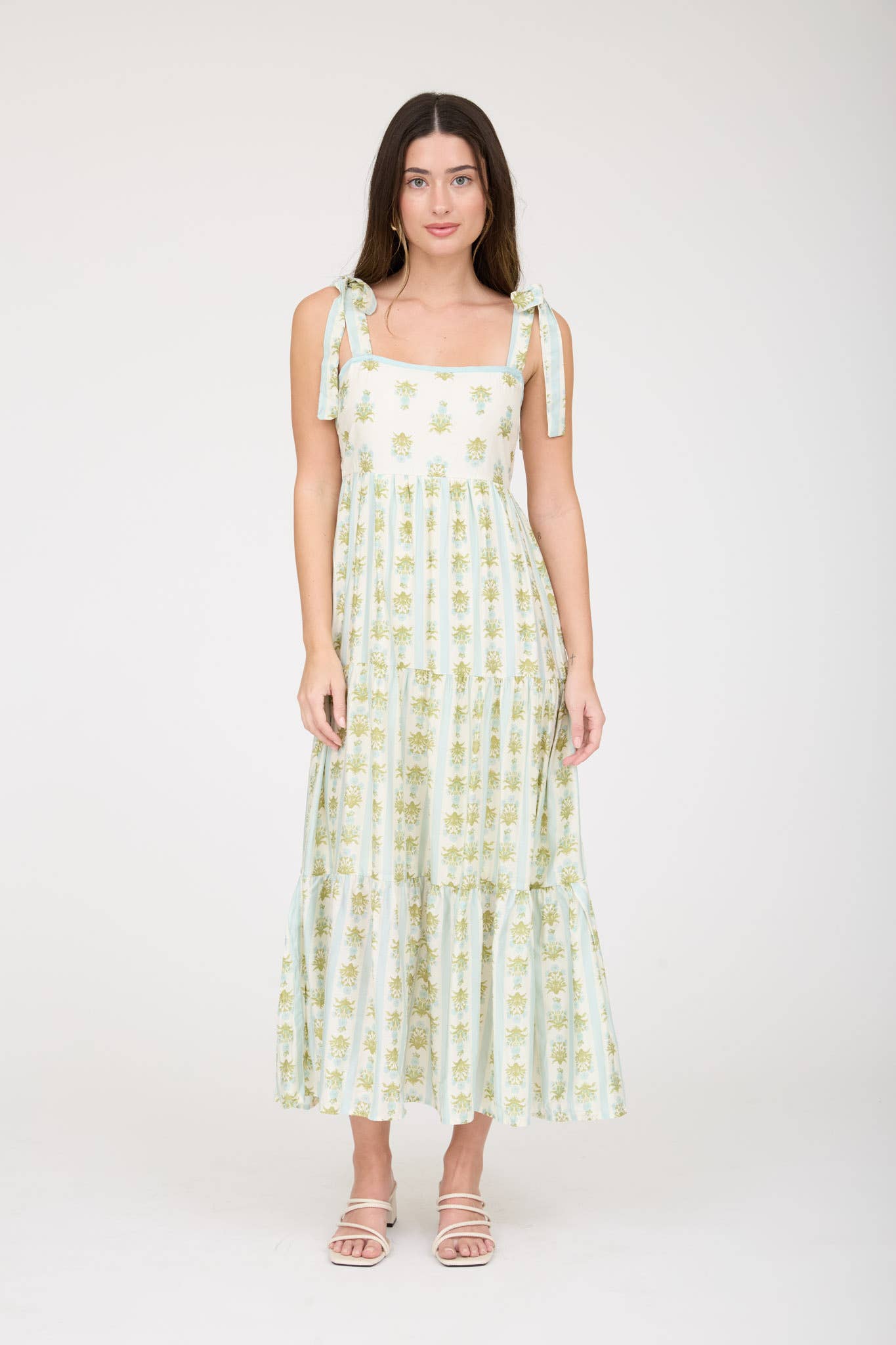 STRIPE FLORAL CONTRAST SLEEVELESS MIDI DRESS